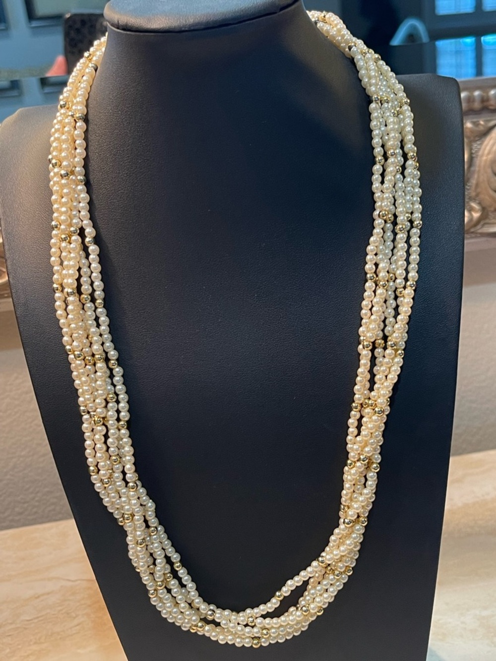 Vintage Multi-Strand Twisted Faux Seed Pearl Statement Necklace Gold Accent